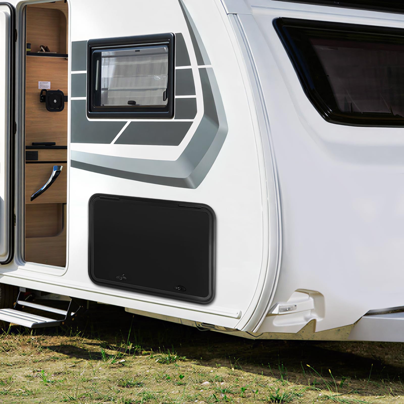 Wohnmobil Gepäcktür Tür 36"x24", Wohnmobil Fachtür mit Doppelschloss, Ladelukentür, Wohnmobiltür, Aluminiumlegierung Schutzstager Zugangstür, für Wohnmobile und Yachten (Schwarz)