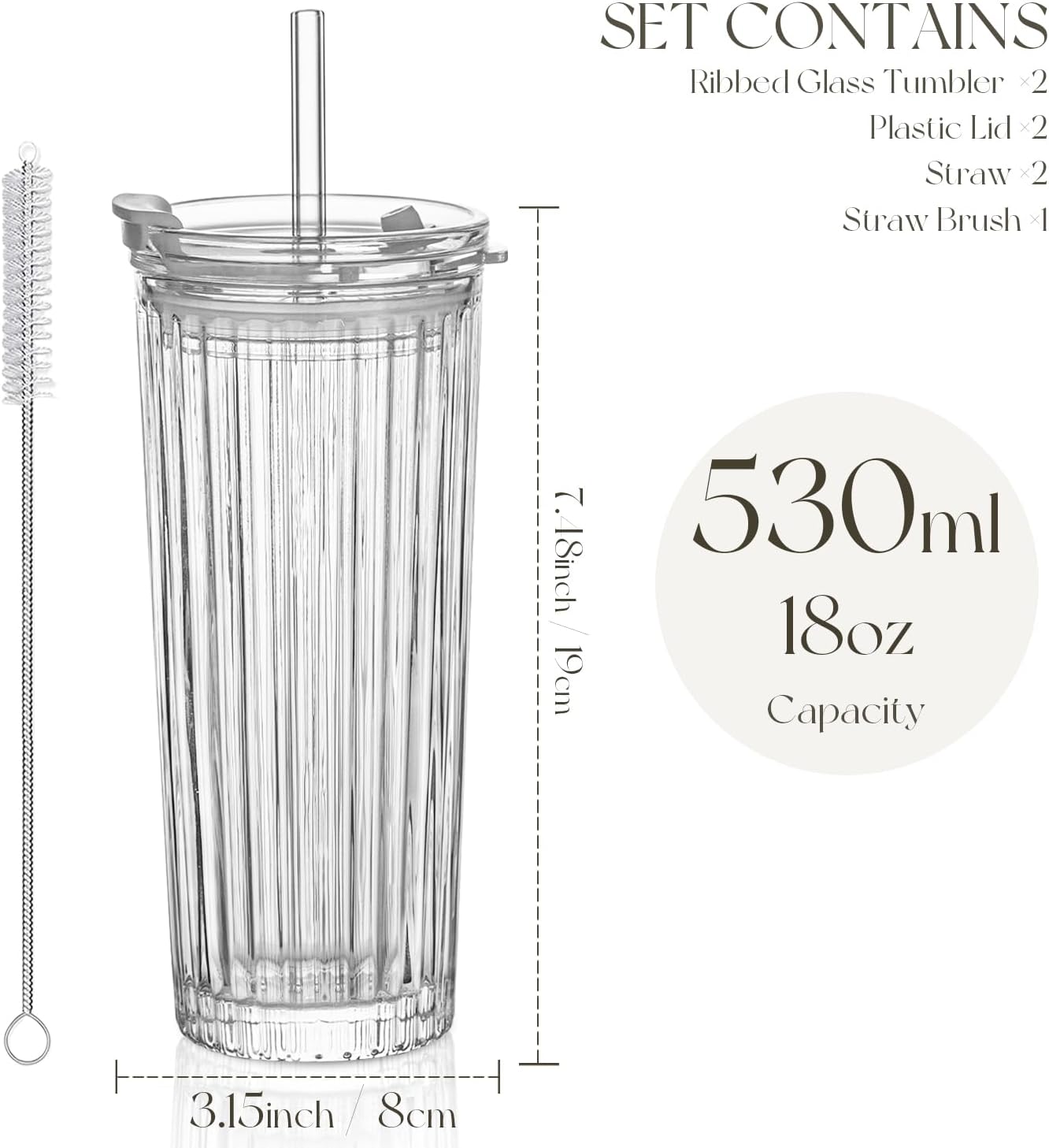 KEMORELA Ribbed Glass Tumbler with Straw and Lid – 18oz Durable Leak-Proof Drinking Cup for Hot and Cold Beverages – Stylish Design, Ideal for Iced Coffee, Smoothies, and More (2PCS-A) - Image 5