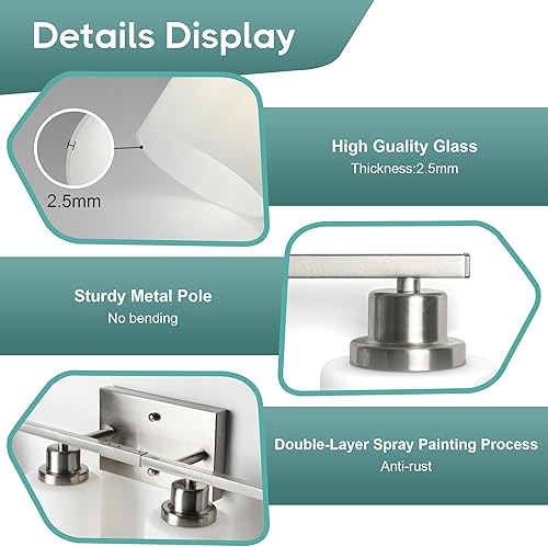 Miniatura 5 de Ascher Lámparas de baño, lámpara de tocador de 4 luces sobre espejo, apliques de pared de níquel cepillado con pantallas de vidrio esmerilado blanco