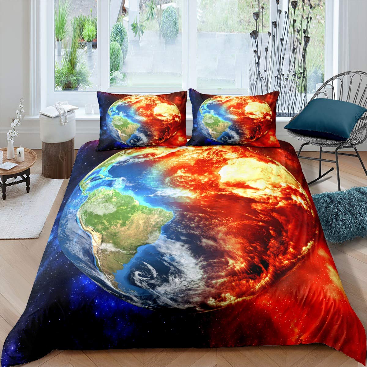 Mars Bedding Set,Galaxy Comforter Cover Outer Space Adventure Planet Universe Starry Sky Sun Fire Red Color Print Kids Boys Teens Quilt Cover,Decor 3 Pcs Duvet Cover Full Size & Zipper Ties