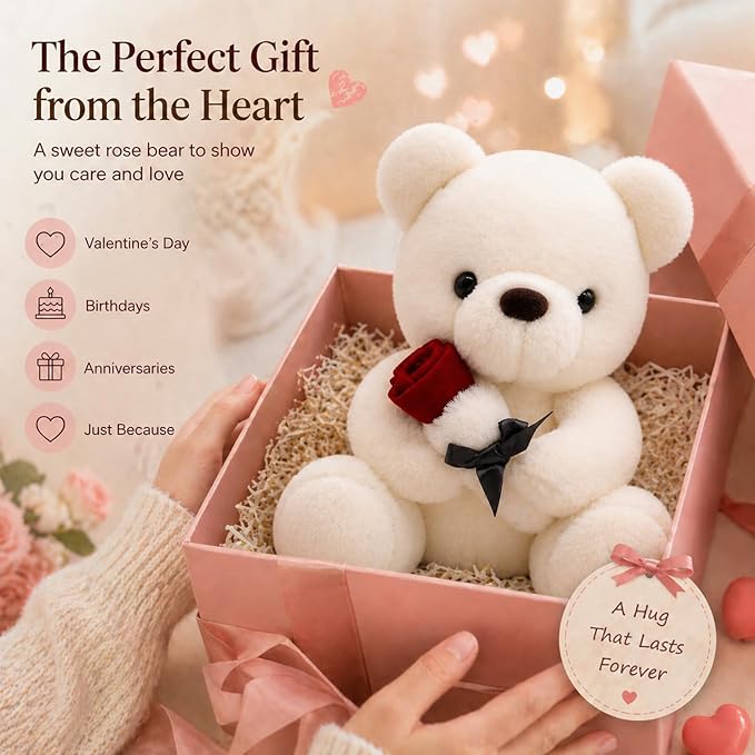 Oso de Peluche Suave con Rosa, Regalo para San Valentín 9.84in Blanco miniatura 8