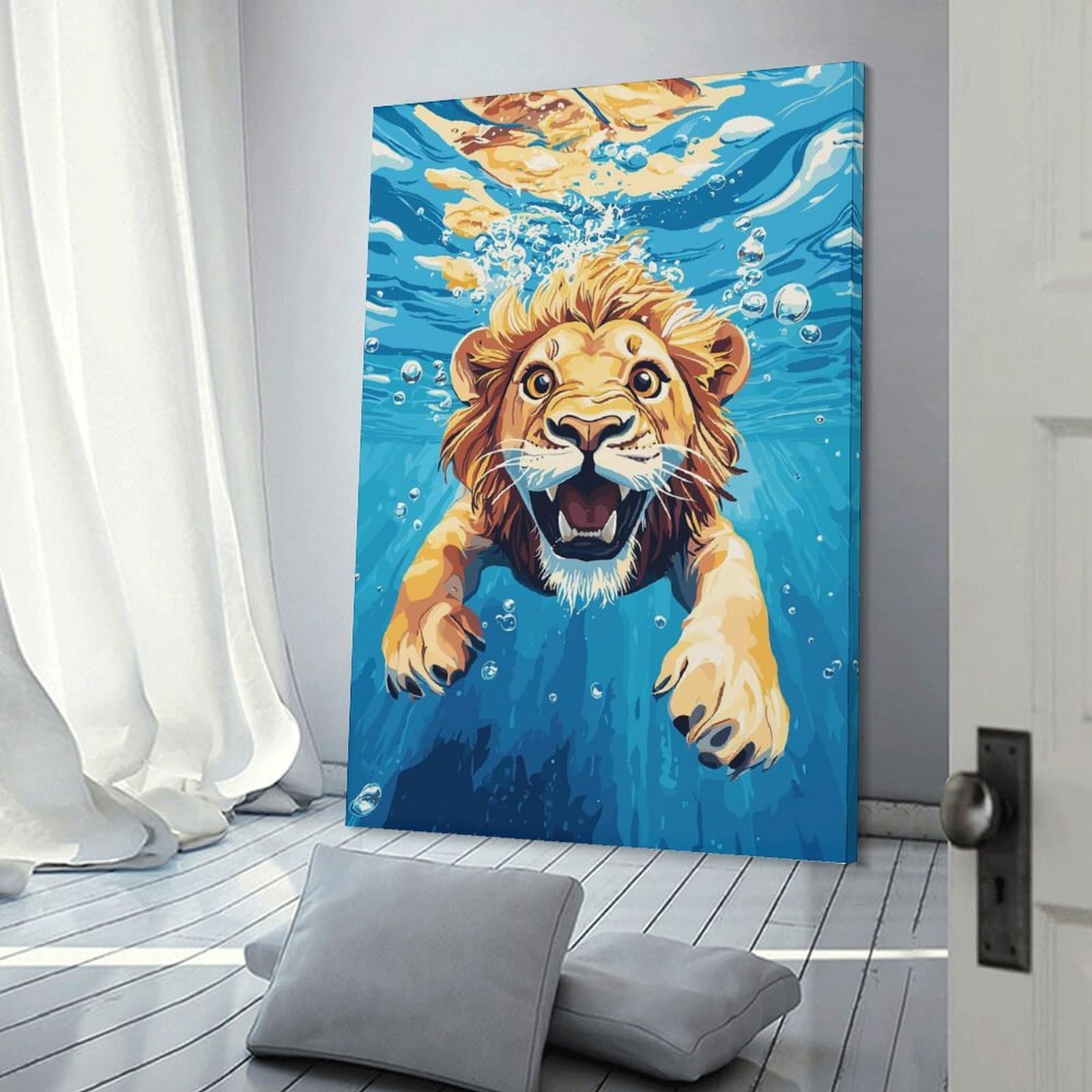 Junmoney Frame-Style-4 Lion Swimming Underwater Wall Picture Print, 24X36inch(60X90cm), For Lounge, Study, Hallway Or Flat Walls, Canvas Wall Art That Fits Changing Layouts