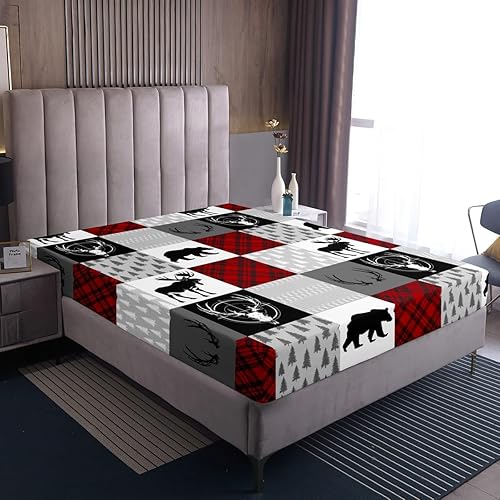 Miniatura 5 de Sábana bajera ajustable a cuadros de oso de ciervo, tamaño King, diseño de flechas de caza de animales salvajes, cornamenta, retazos, microfibra de