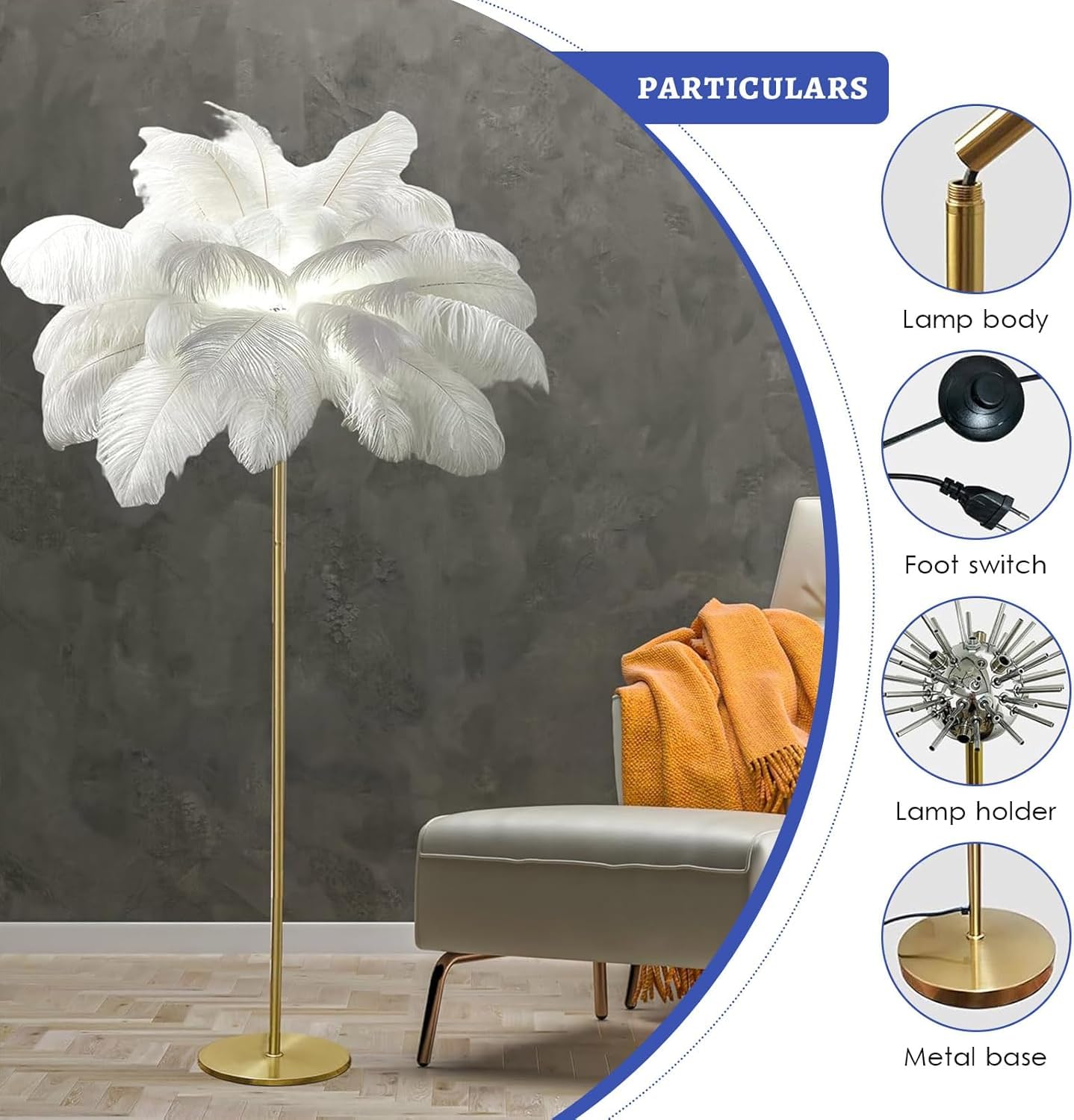 Lampa podłogowa z piór 160 cm z żarówką G4-LED, lampa stojąca z piór z włącznikiem nożnym, elegancka lampa podłogowa z naturalnego pióra strusia do sypialni, salonu, biała