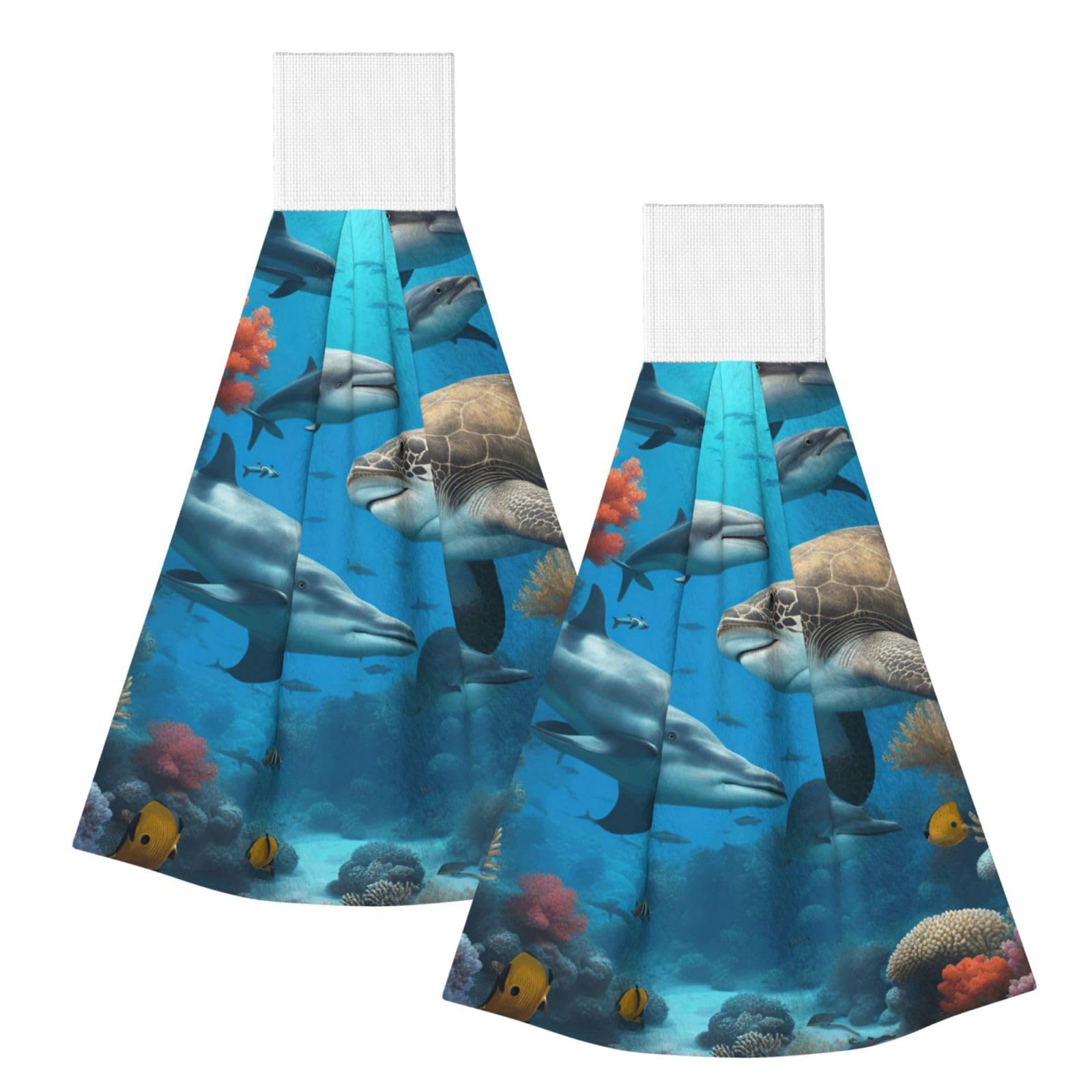DUWAA Dolphins Sea Turtle Shark Octopus Coral Reef Print Hanging Hand Towel Quick Dry Bathroom Towel Soft Kitchen Towel