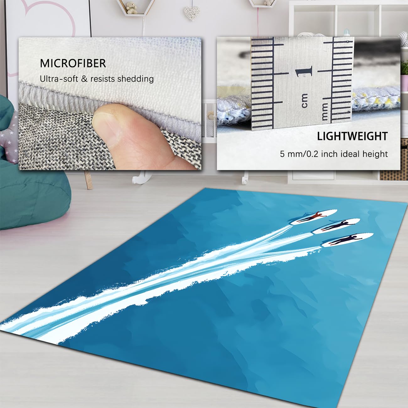 Trio Surf Dywaniki łazienkowe Sporty wodne Oceaniczne Białe fale Miękkie antypoślizgowe Niski stos zmywalny pod stolikiem kawowym 150 x 210 cm