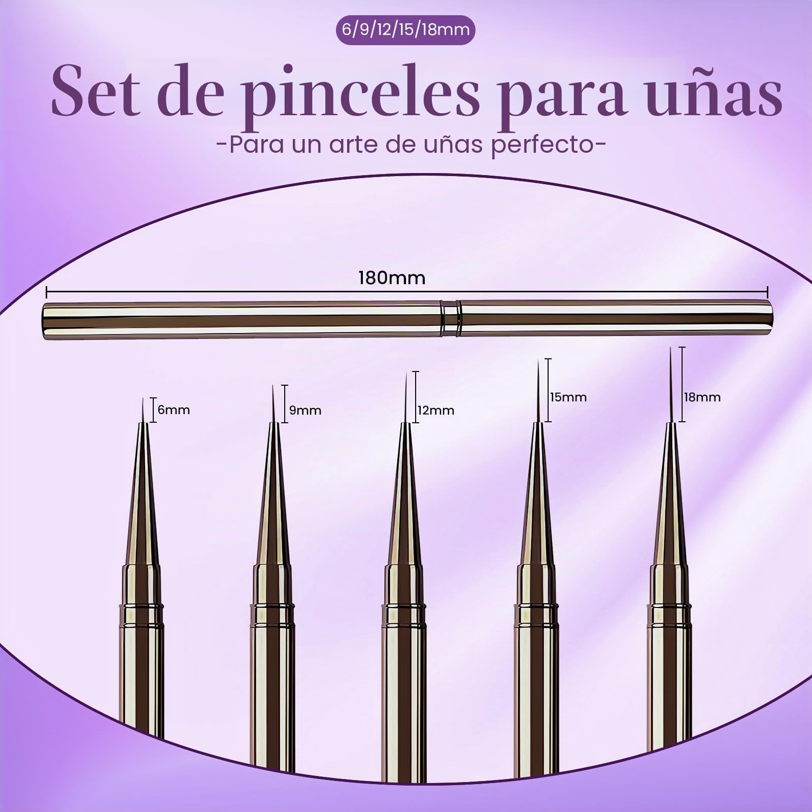 Lokaloka 6/9/12/15/18mm Pinceles para Uñas Fino de Gel Nail Art Decoracion con Tapa, 5 Piezas Pincel Semipermanente Acrilica Profesional Construcción Kit Manicura Francesa Set