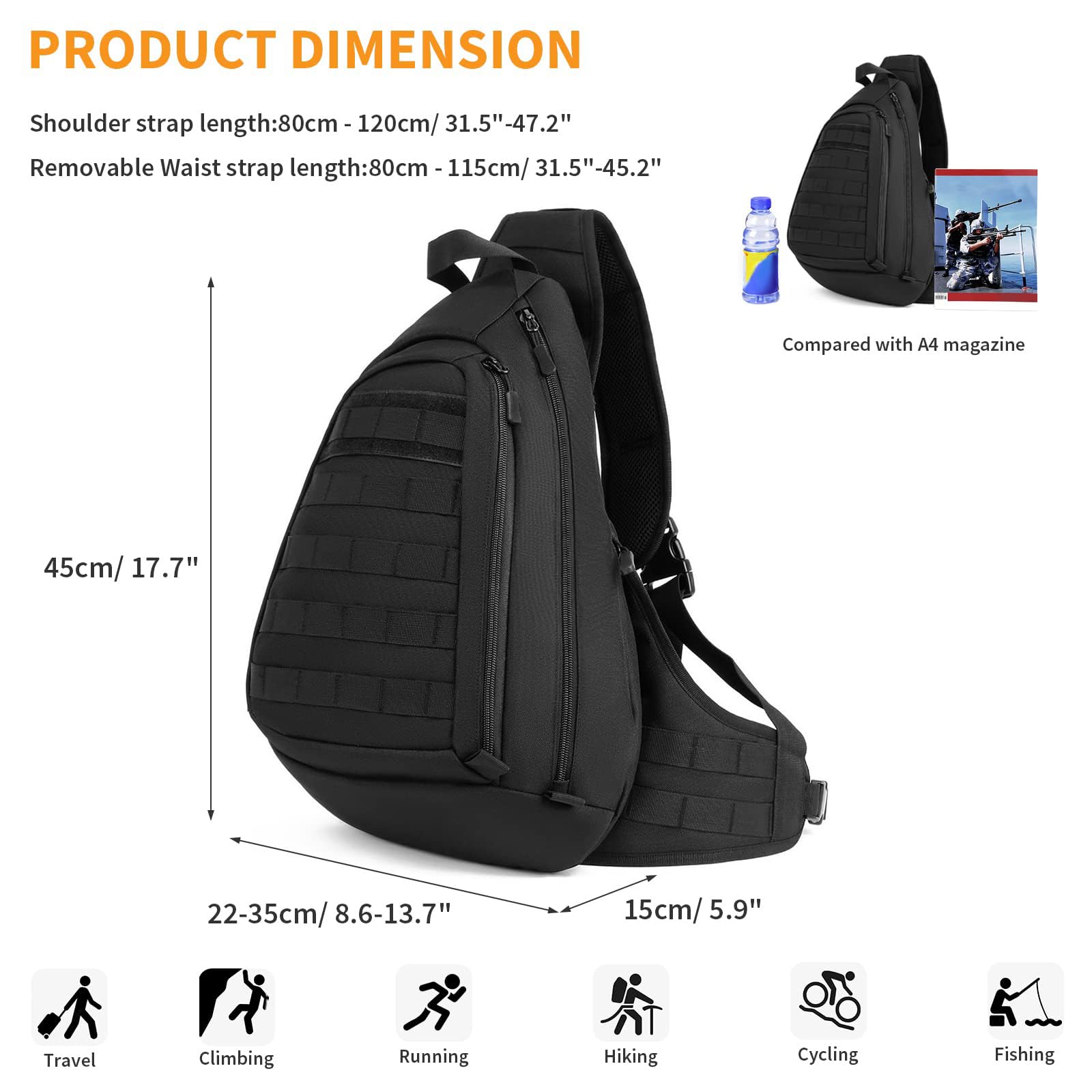 HUNTVP Sac de Poitrine,Sac à Dos Homme Tactique Militaire Molle Backpack Multifonction en Nylonpour Voyage Randonnée Camping Trekking Excursion Sport Chasse Cyclisme