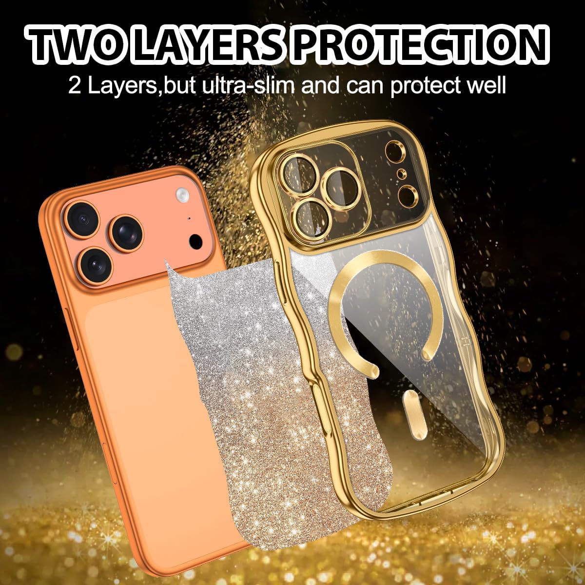 Meshine for iPhone 18 Pro Max Case,[Compatible with MagSafe][Built-in Camera Lens],Magnetic Curly Wavy Frame Shockproof Cute for Women Girls Cover for iPhone 18 Pro Max 6.9 Inch,Glitter Gold image 4