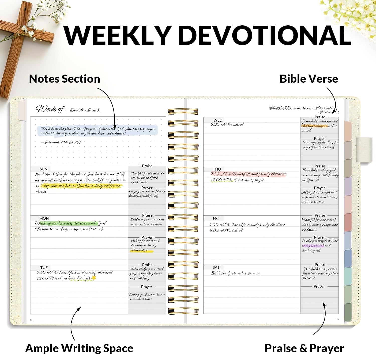 SUNEE Christian Planner - Undated 12 Month Bible Journal and Prayer Planner A5 Spiral Bound, Monthly & Weekly Christian Organizer Gifts for Women Men (Beige)