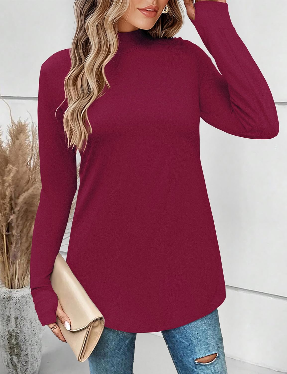 JUSTFASHIONNOW Tunic Tops for Women Casual Long Sleeve Turtle Neck Shirts Thumb Hole Curved Hem Tops Fall Fashion - Image 3