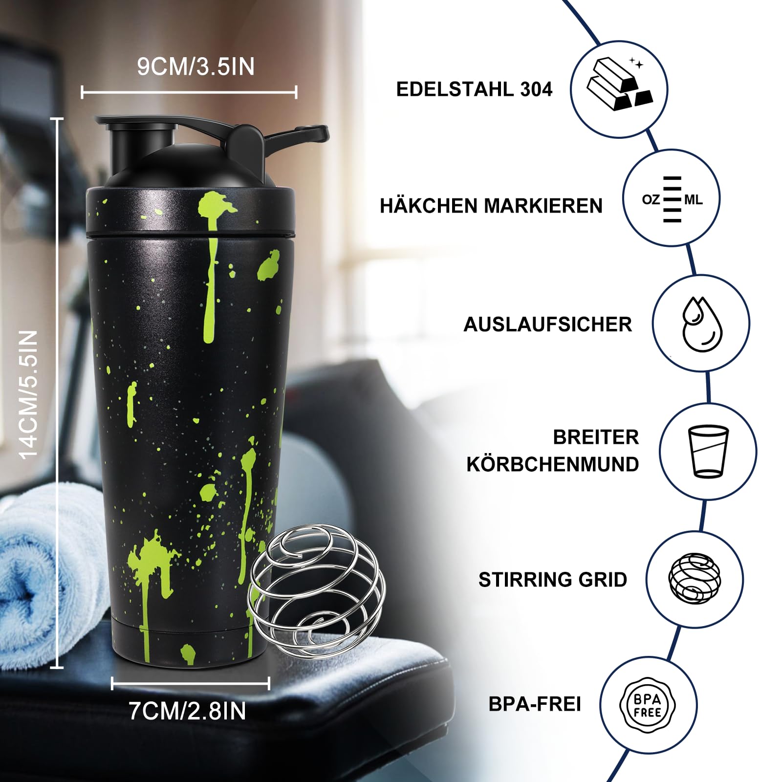 750ml Shaker Proteine, Shaker Proteine Inox, avec Boule en Spirale, sans BPA, étanche, Facile à Nettoyer, inoxydable Protéines Bottle de protéines, Bottle de protéines Conservation de la chaleu - Noir
