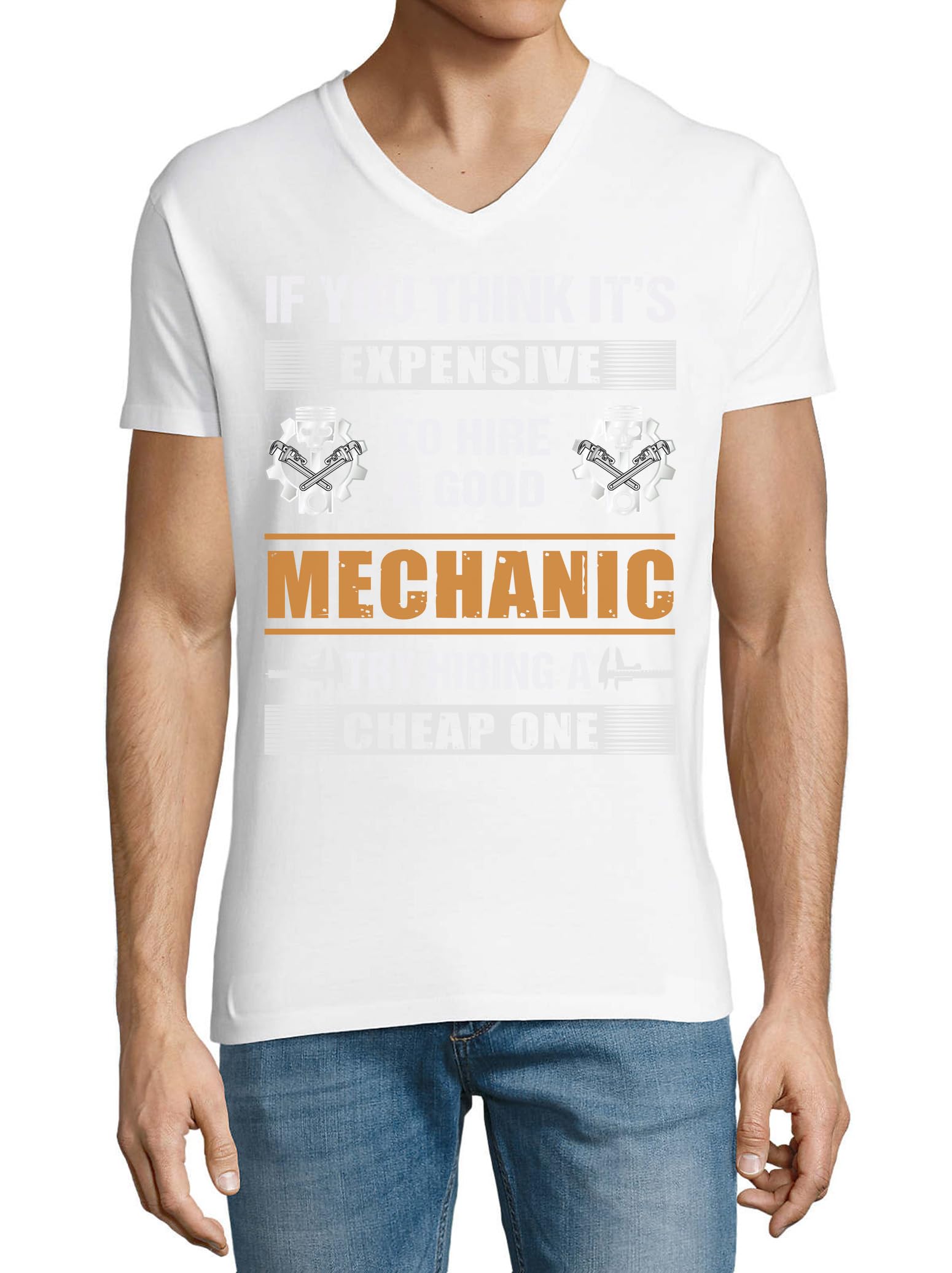 T-shirt piston skull col en V homme blanc en coton premium finitions soignées