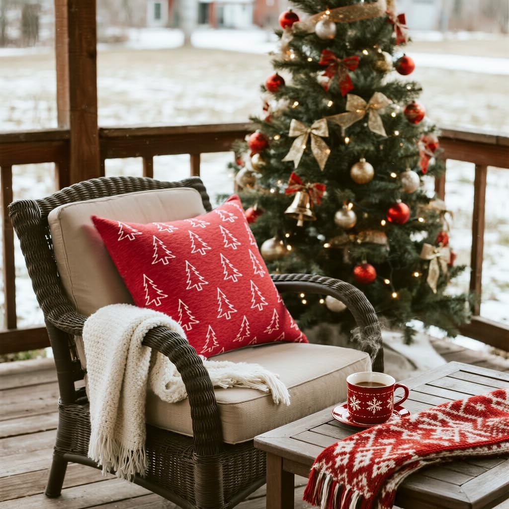 Christmas Chenille Pillow Covers 20x20 Set of 2, Reversible Snowflake & Tree Design, Cozy Farmhouse Holiday Throw Pillowcases with Hidden Zipper for Sofa, Couch and Bed(Red,20x20)