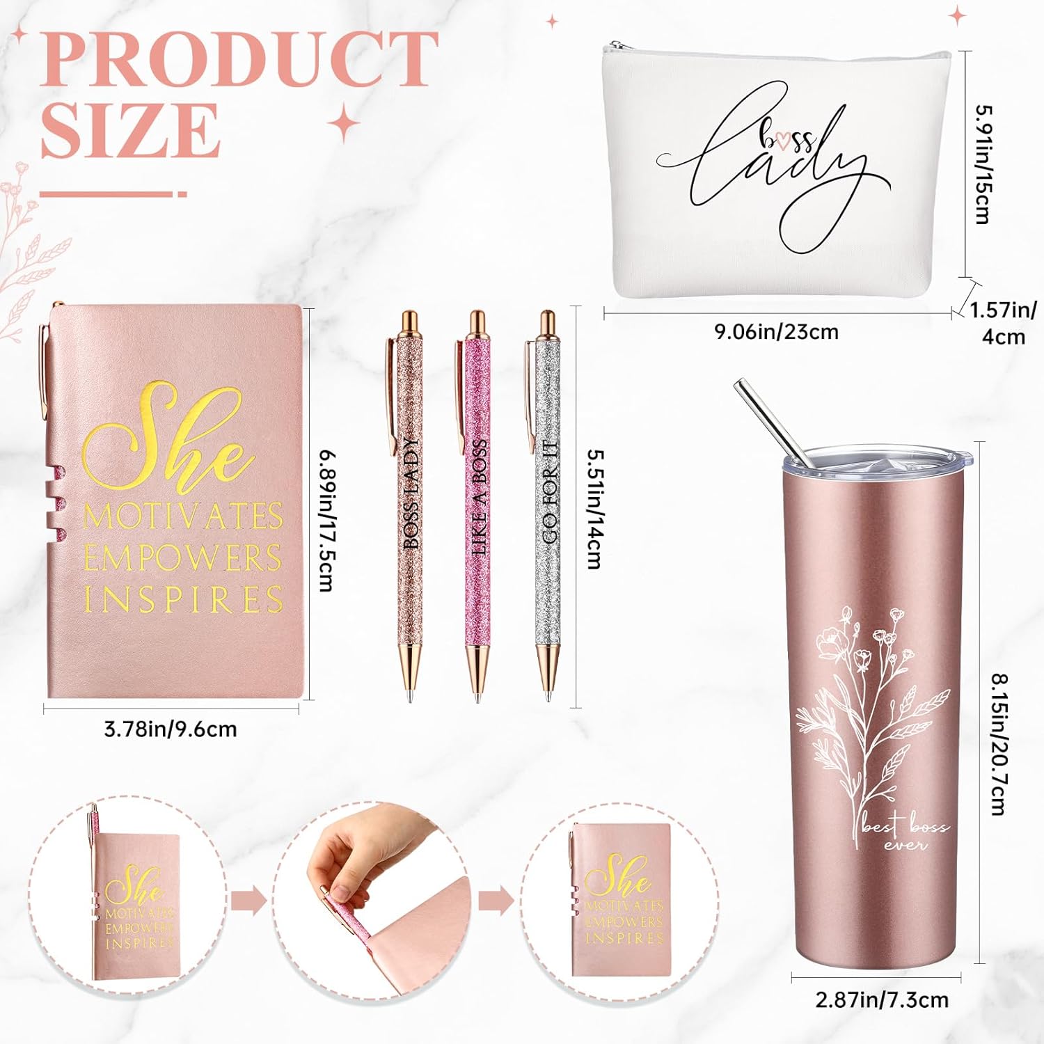 6 Pcs Boss Day Gift Set Lady Appreciation Thank You for Women 20 oz Aesthetic Boho Flower Tumbler Tote Bag Makeup Bag A6 Notepad with 3 Ballpoint Nurses Practitioner Gift (Pink) - Image 2