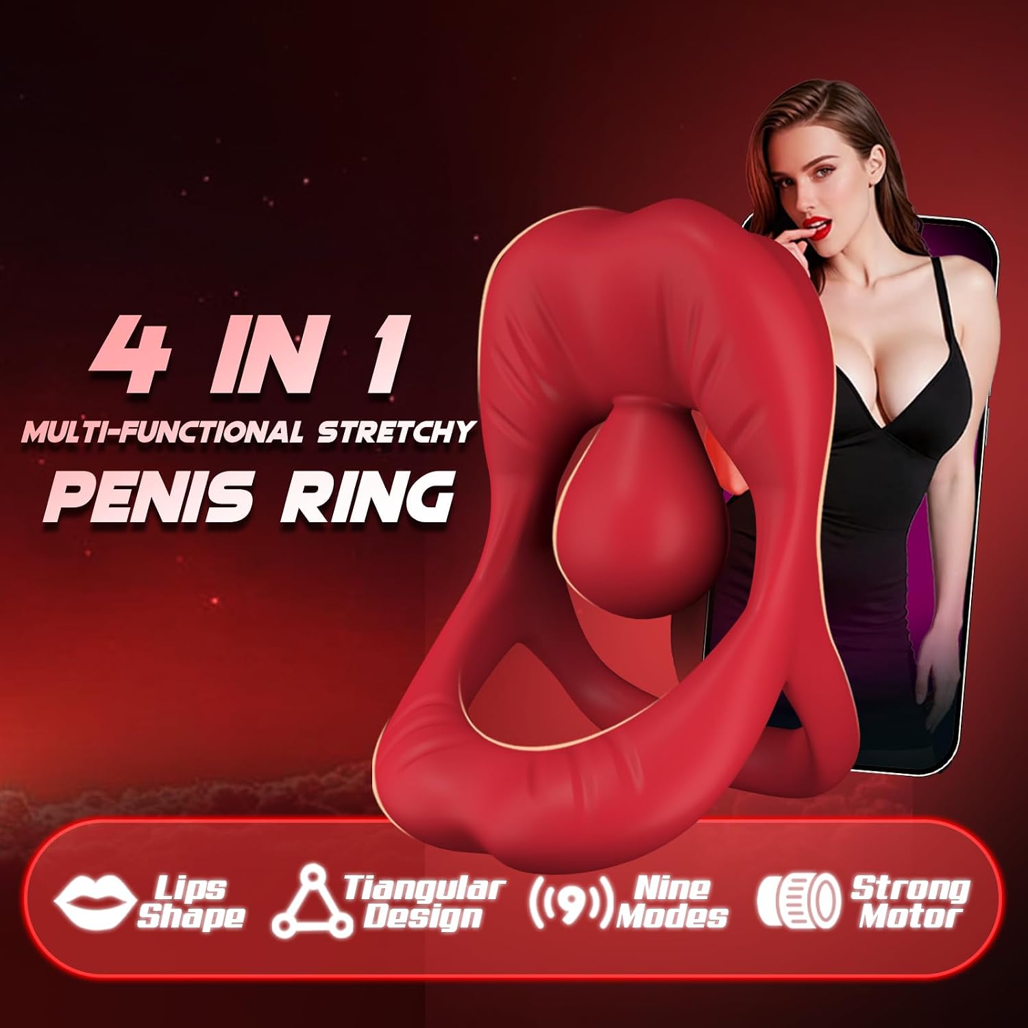 Couples Adult Sex Toys Vibrating Cock Ring - 4 in 1 Stretchy Silicone Penis Ring Vibrator for Men Women, 9 Vibration Modes Lip Clitoral Stimulator, APP Remote Control Male Sex Toy for Sex Game