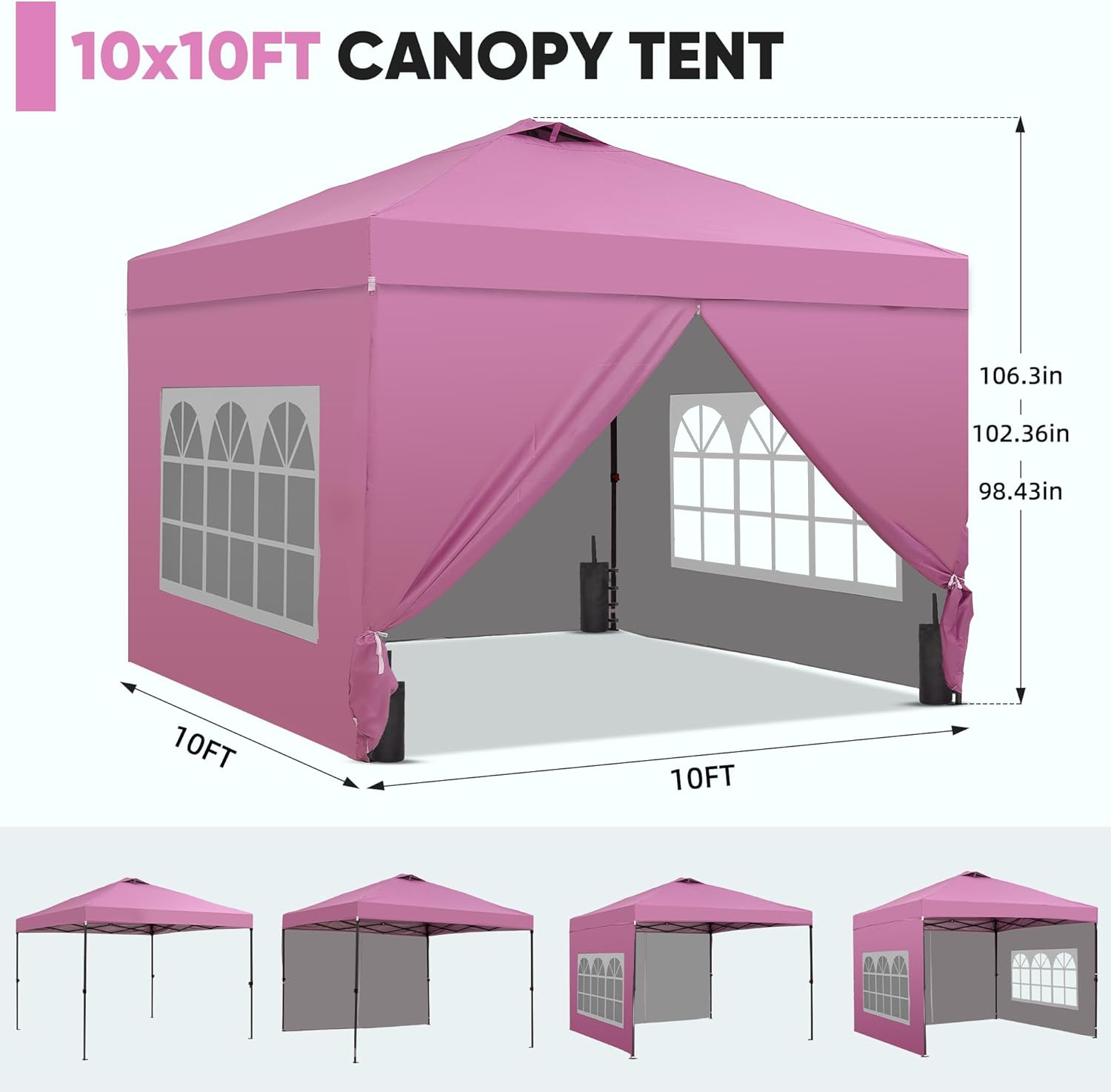 GDY 10x10 Pop Up Canopy Tent with 4 Sidewalls, Easy Set up with One Push Lift Outdoor Silver Coated Beach Gazebos, Carpas with 4 Sandbags, for Outdoor, Parties,Camping, Pink.