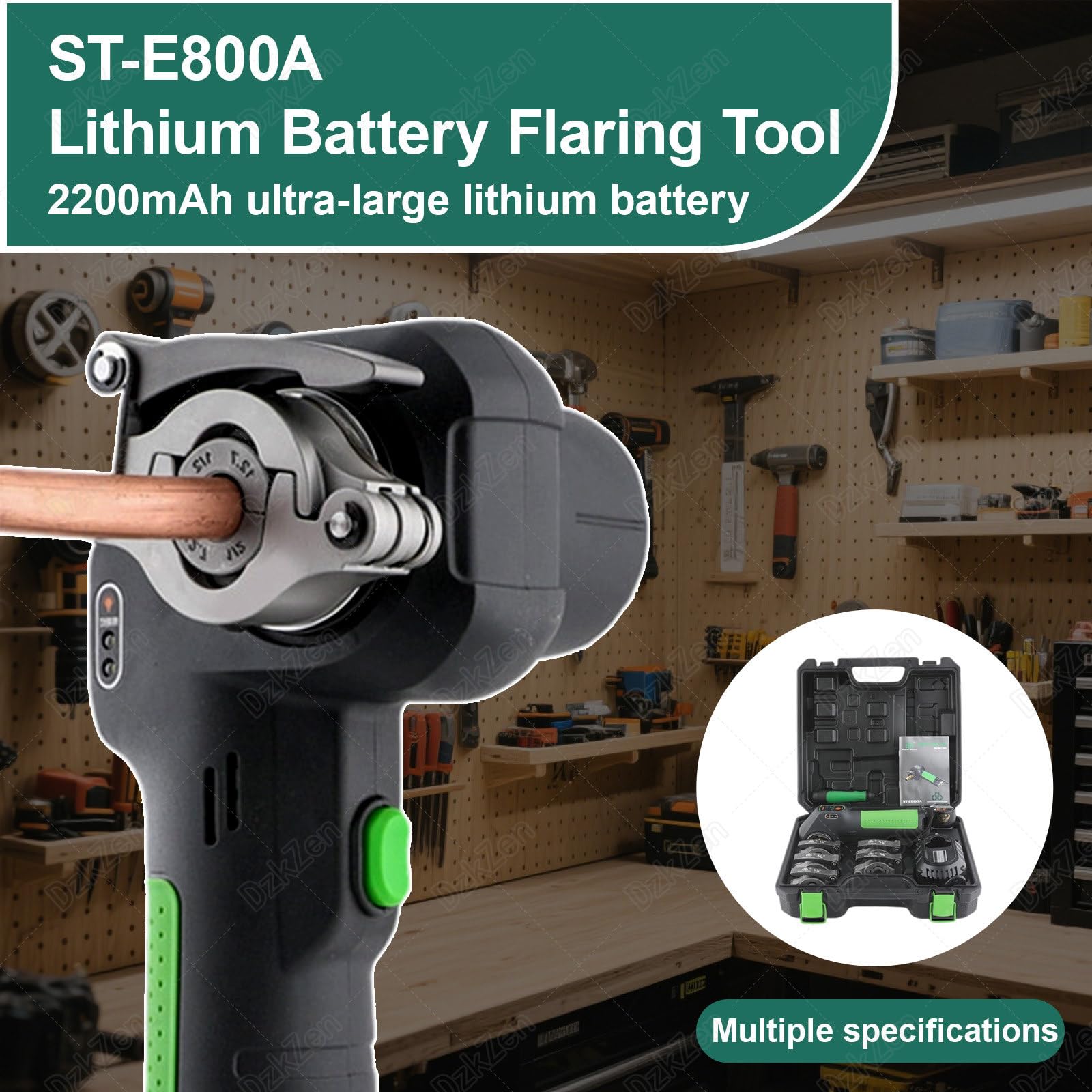 Kit di utensili elettrici per svasatura a 45° per tubi in rame, alluminio, ottone, 5 morsetti e luce da lavoro, adatto per tubi da 1/4" - 3/4", 2 batterie incluse