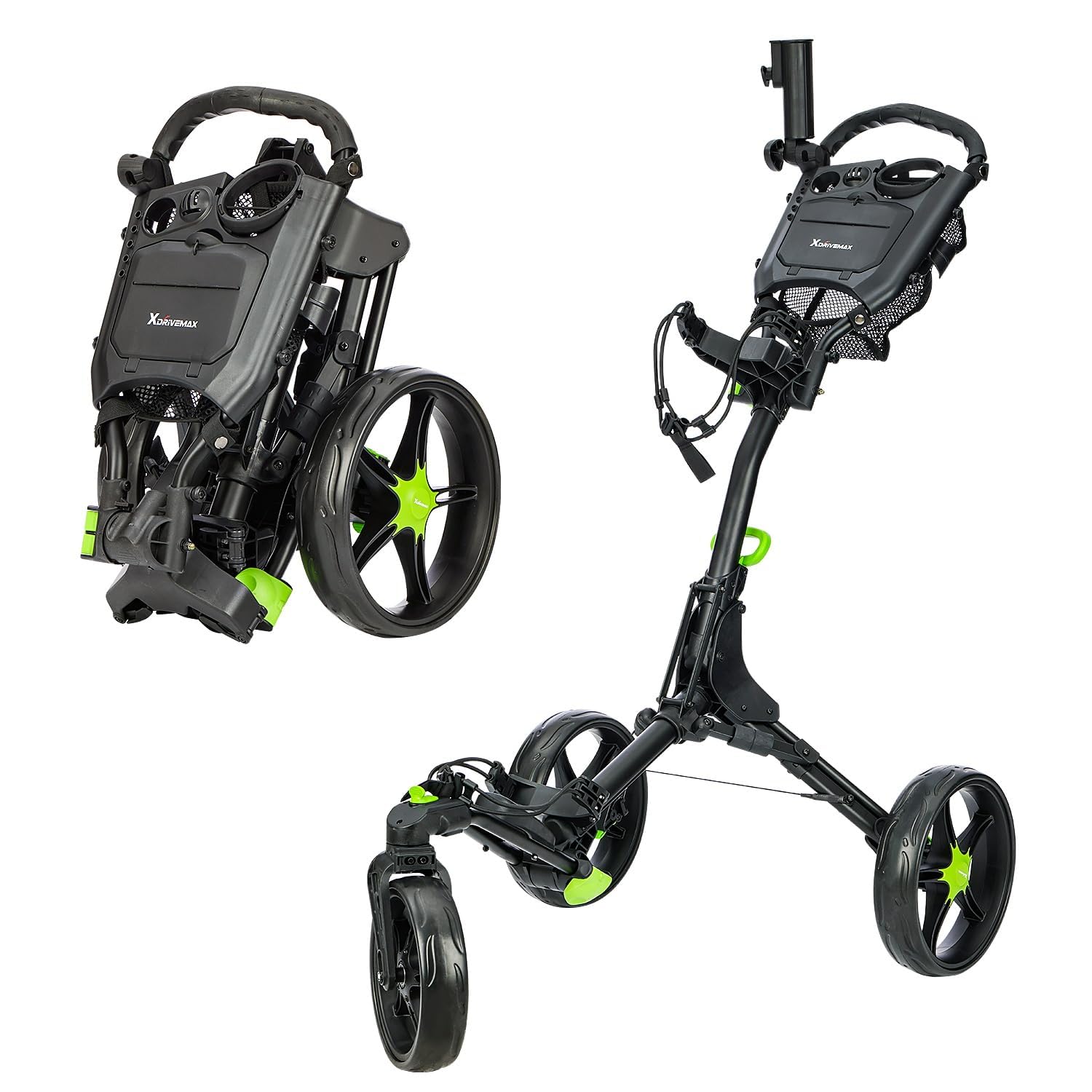 XDriveMax GC03 360 Rotating 3 Wheel Foldable Golf Pull Cart for Golf Clubs, Carries Umbrella Stand and Premium Storage - Green