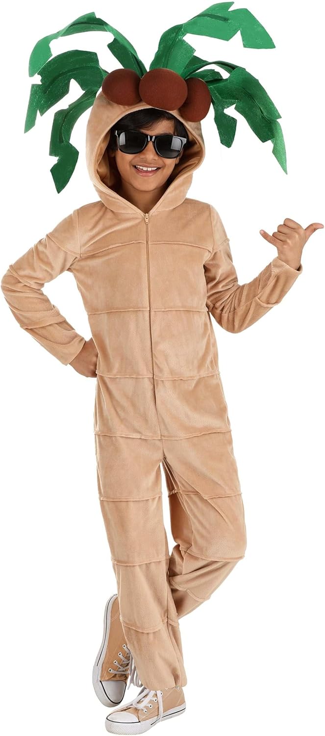 Kid’s Palm Tree Costume | Tropical Beach Plant Jumpsuit with Attached Plush Coconuts and Leaves - Image 2