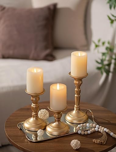 Miniatura 2 de Sziqiqi Portavelas dorados decorativos candelabros para pilares, juego de 3 portavelas cónicos para mesa de boda, chimenea, mantel de vacaciones