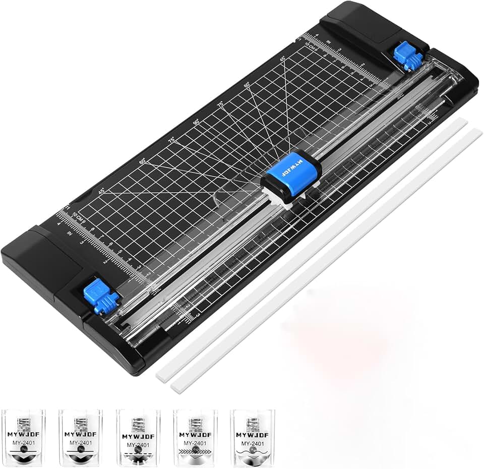 Paper Cutter, 12 Inch Rotary Trimmer, 5 Blades 4 Functions, Up to 6 Sheets Cut, with 2 Reversible Cutting Mats, Black Patent for C