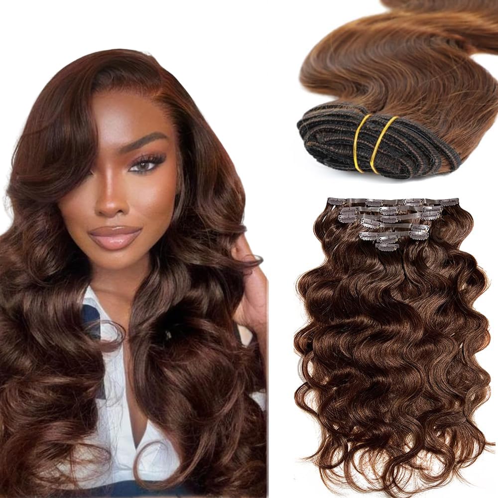 Photo 1 of #4 Brown Clip In Hair Extensions Real Human Hair 24 Inch Chocolate Brown Body Wave Clip in Seamless Extensions Human Hair Skin Weft Seamless Invisible Unprocessed Brazilian Virgin Remy Hair 120g