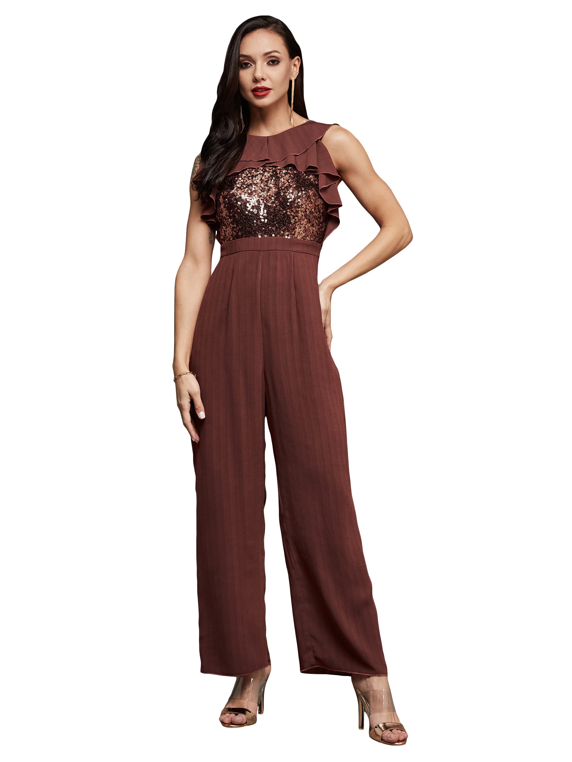 miss chase Women's Halter Neck Sleeveless Embellished Crepe Ruffled Regular Jumpsuit-picture-28