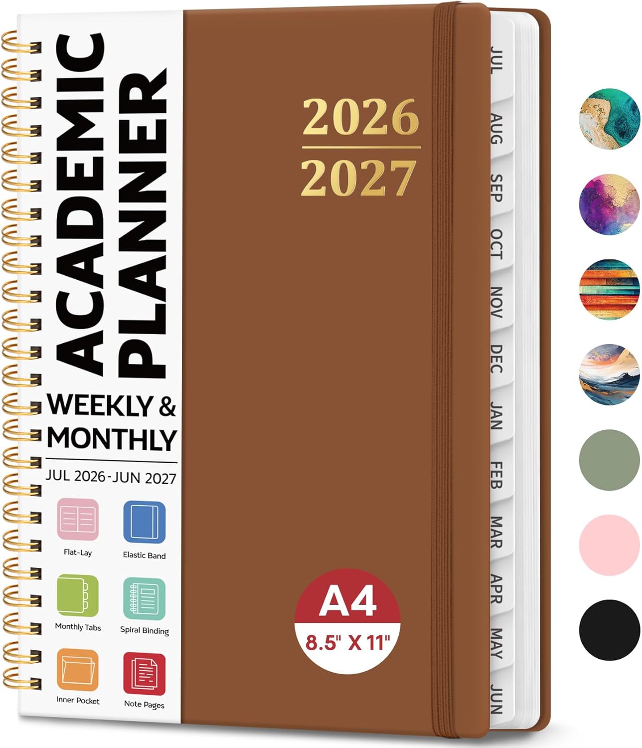 8.5" x 11" Academic Planner 2026-2027, Weekly & Monthly Calendar Planner Book, July 2026 – June 2027, Large Hardcover Organizer with Tabs, Perfect for Teachers, Students, Women & Men – A4, Brown