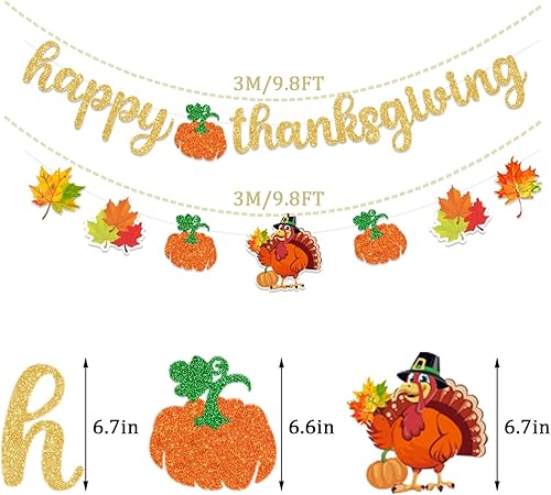 Miniatura 3 de Pancarta de decoración de Acción de Gracias con purpurina para decoración de Acción de Gracias, pavo y calabaza para interiores y exteriores,