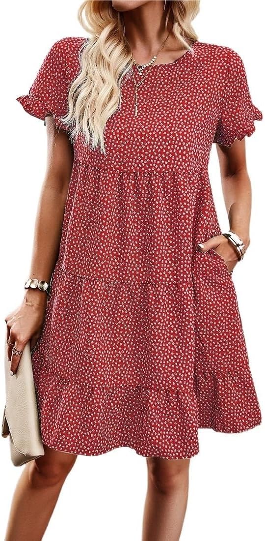 Robe courte fleurie à col rond finitions soignées style trapèze chic rouge