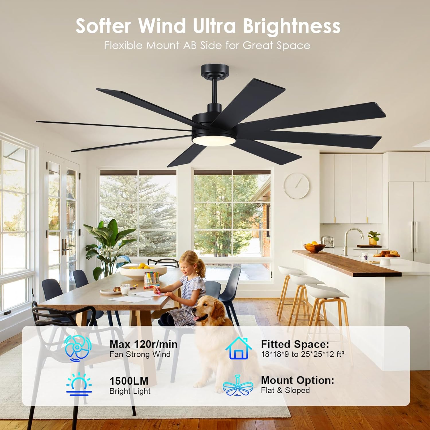 BayDay Farmhouse Rustic Ceiling Fans with Lights and Remote, Bedroom Living Room Kitchen Fans Ceiling with Light Chandier (Black, 72 inch) 72 inch Black