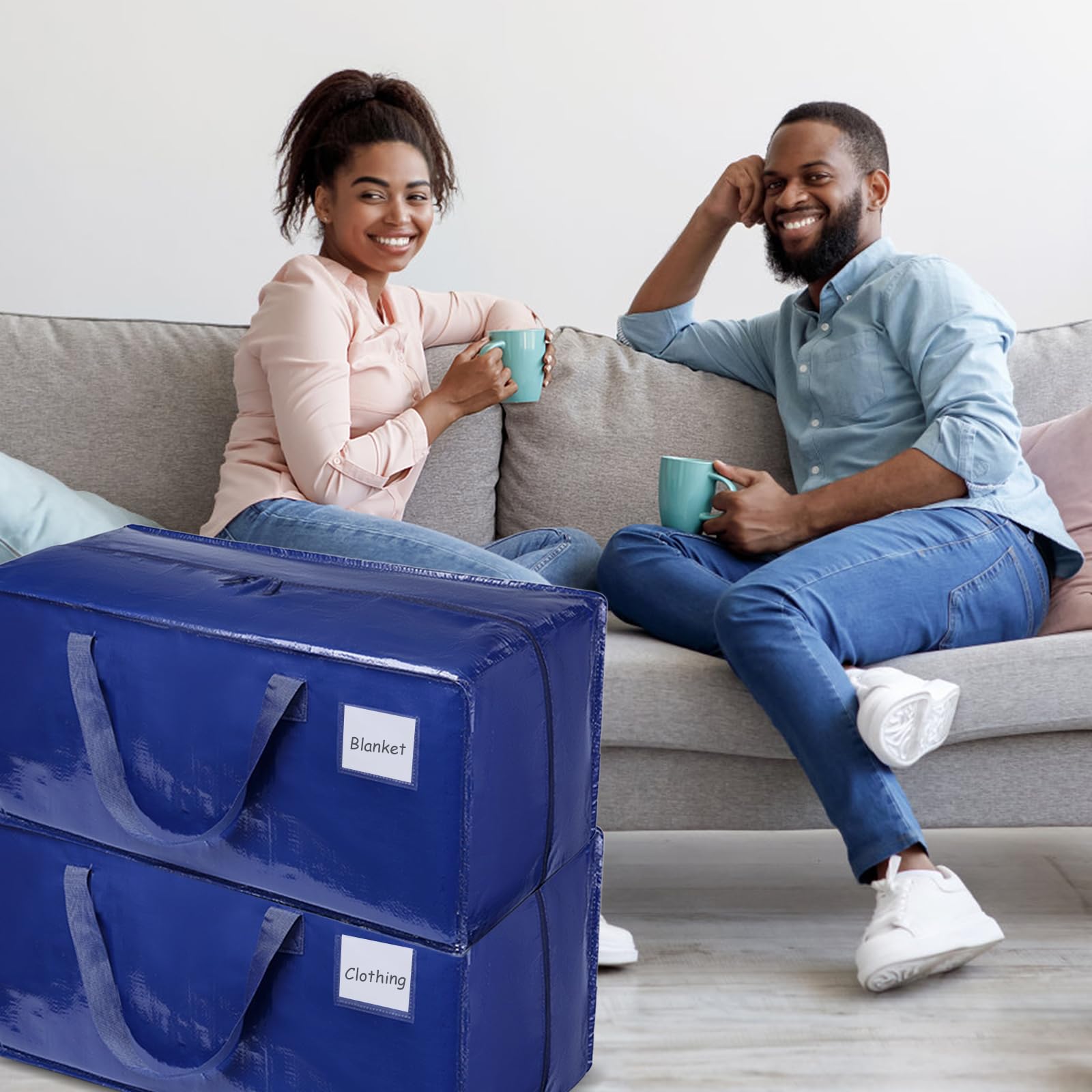 Lot de 6 Sac de Déménagement extra larges, 92L Sac de Rangement Grand Format avec fermetures éclair et poignées de transport, Sac Rangement Vetement robustes pour Vêtement & Linge de Lit