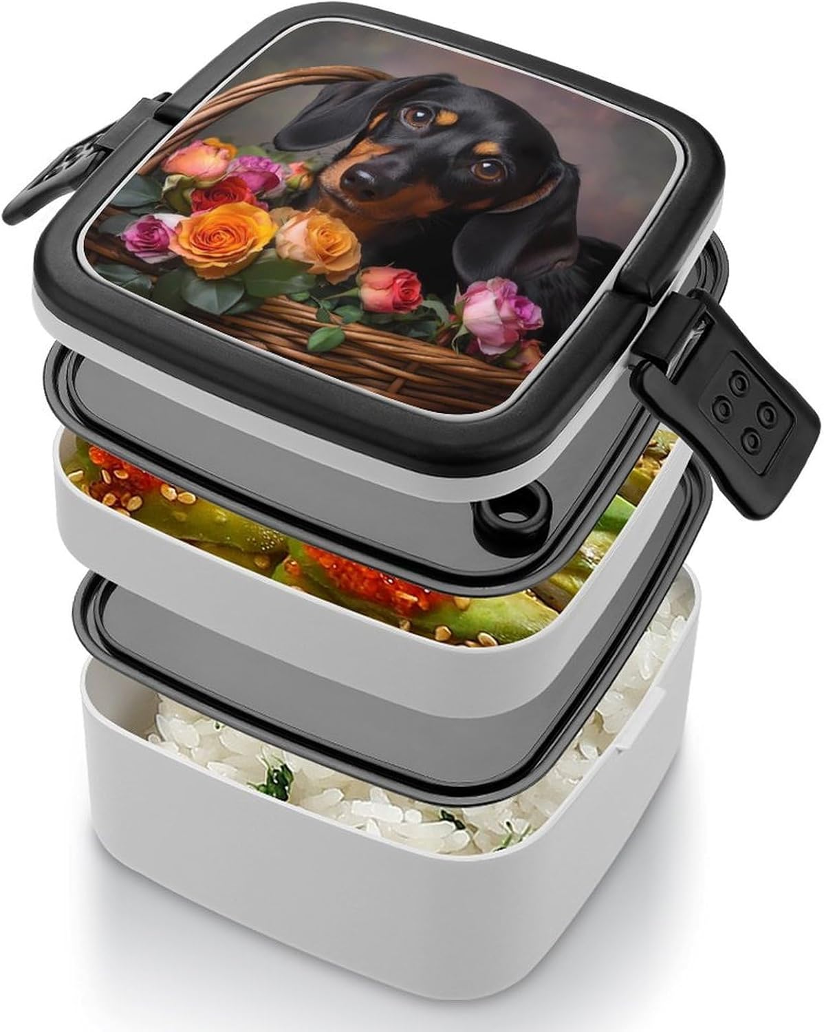 Dachshund Flower Bento Box with Spoon 2 Layer Food Container Cute Lunch Box for Travel Dining Work