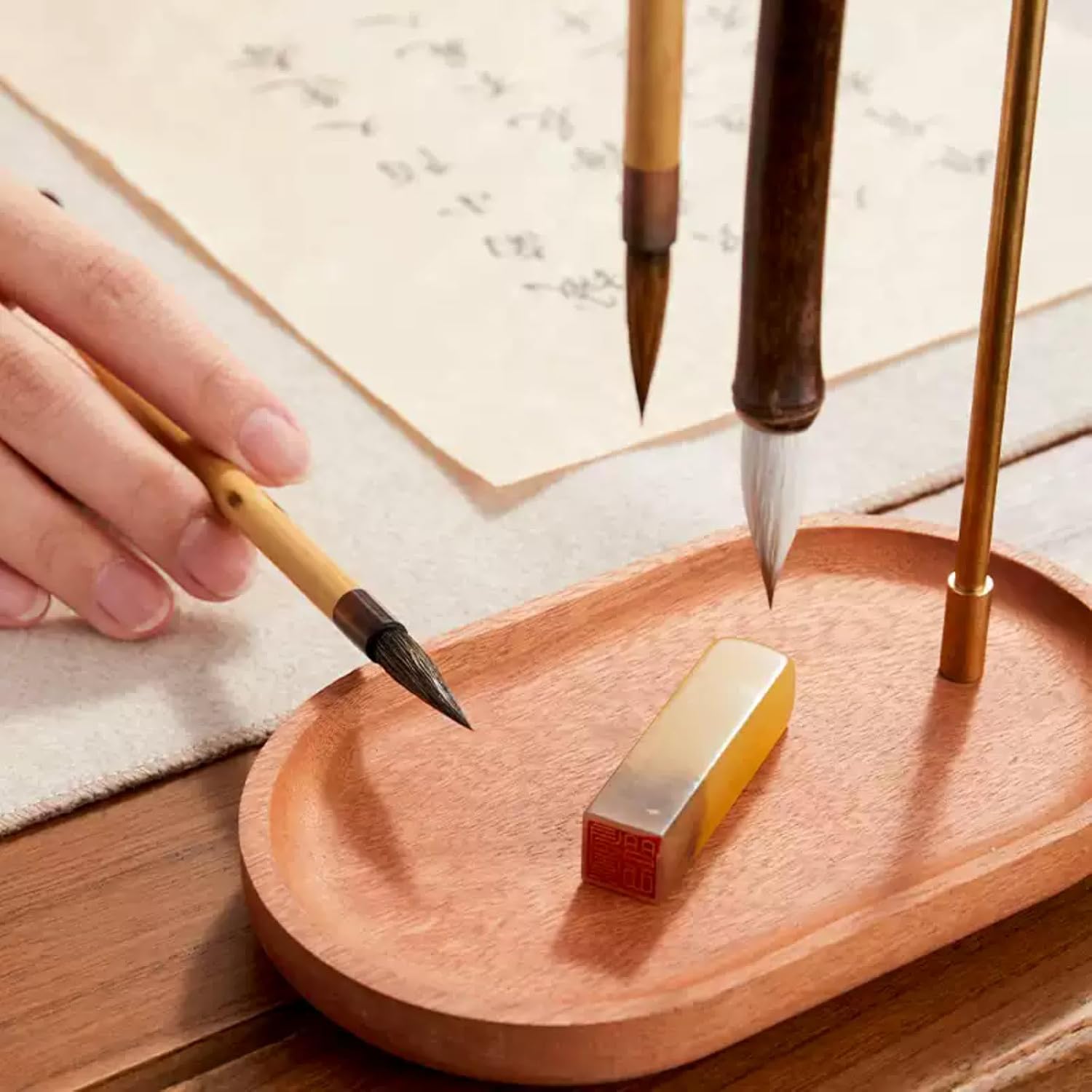 Writing Brush Pen Holder Calligraphy Writing Brush, 35cm 13.8in, Chinese Style Solid Wood Ancient Desk Ornament