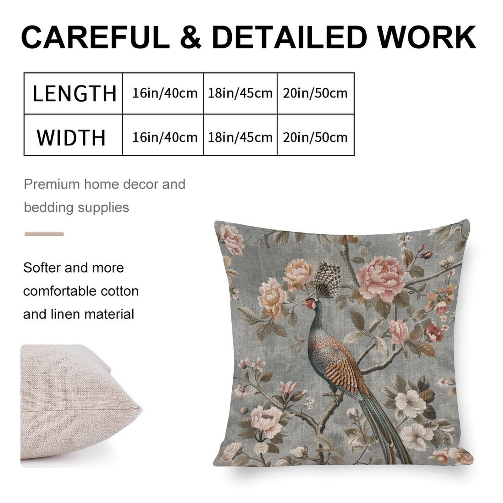 Farmhouse Floral Pillow Covers 16x16 - Birds And Flowers Spring Decor Linen Cushion Cases - View #4