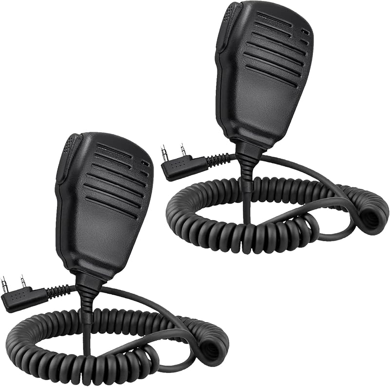 SAMCOM Micrófono de hombro para walkie talkies, micrófono de parlante de radio bidireccional, micrófono walkie talkie de mano para la mayoría de radios de 2 vías, micrófono de radio de 2 pines con PTT (paquete de 2)