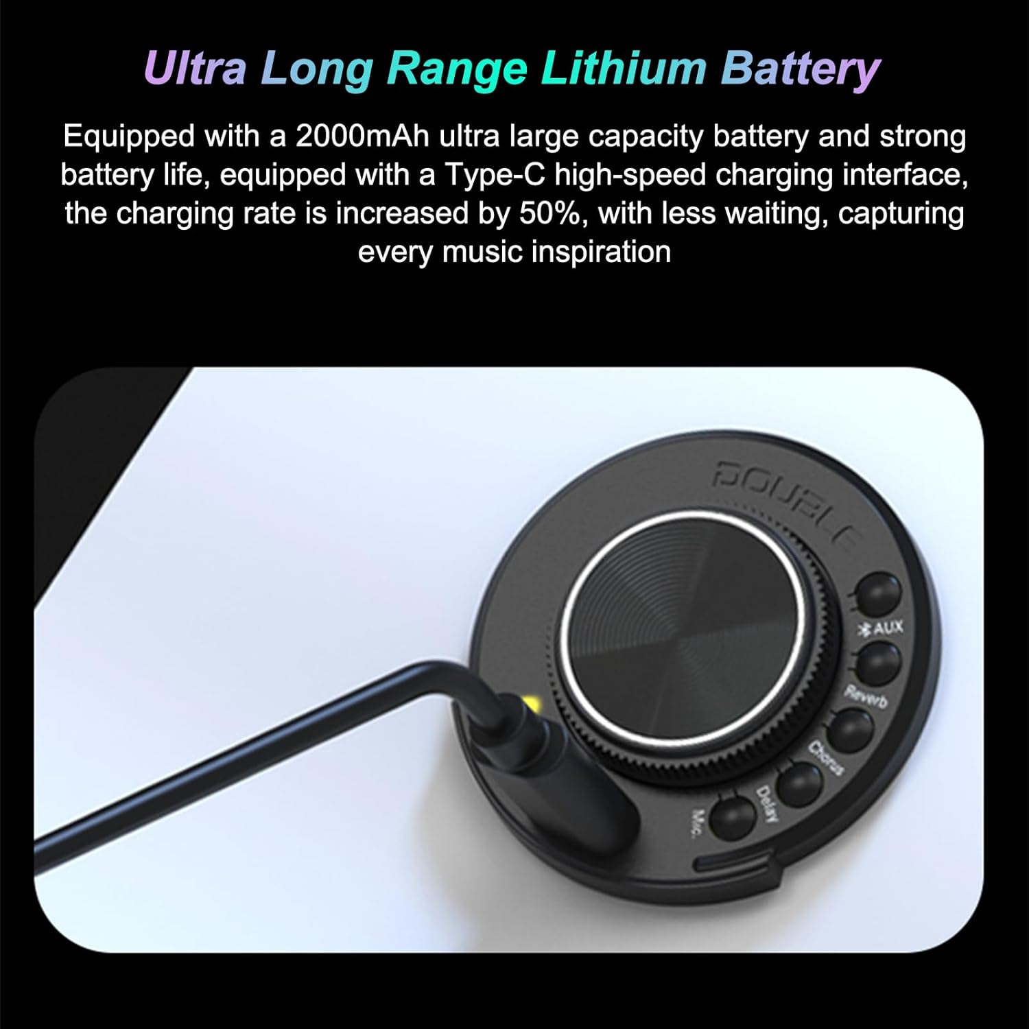 The Double OS1 Resonance Pickup unit connected to a Type-C charging cable, illustrating the charging port and the battery life indicator.