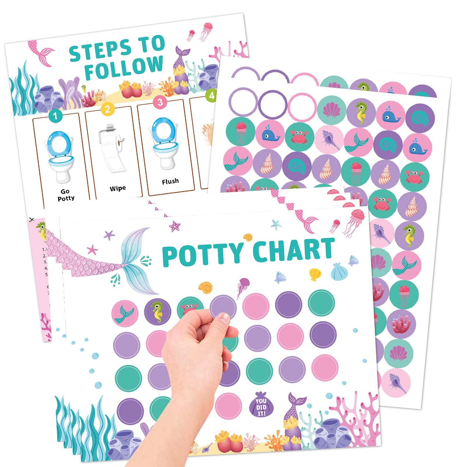 Potty Training Reward Chart, KAMHBE 10 Sheet Potty Training Chart for Toddlers Boys Girls - Mermaids Potty Chart with Stickers Toilet Training Reward Chart Develop Toileting Habit (Mermaids)