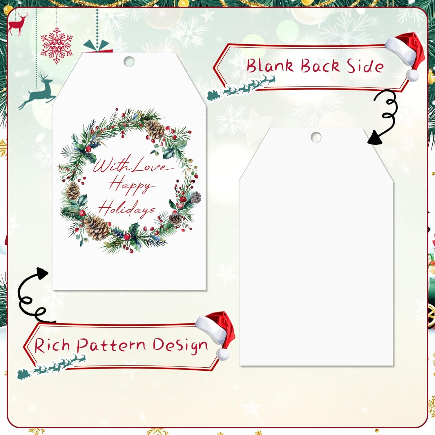 100PCS Christmas Gift Tags 10 Styles Watercolor Christmas Tree Pinecone Tags with String Celebrations Tag for Present Wrapping Xmas Holiday Seasonal Party Favors - Image 7