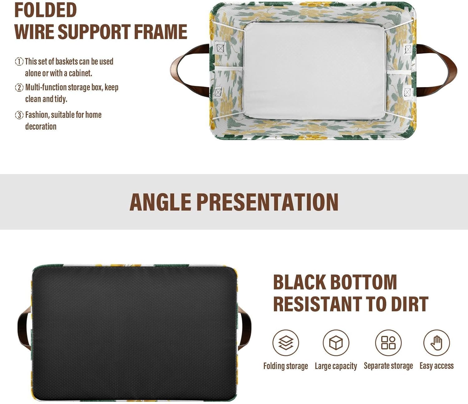 Green Leaf Vintage Yellow Flower Storage Basket Foldable Cube Storage Bins with Handles&Labels Waterproof Organizer Box Bin Large Rectangle Baskets for Shelves Home Living Room Closet, 2 Pack