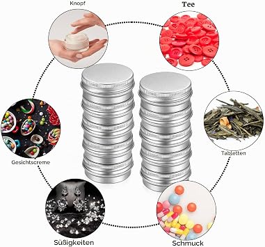 Pack of 22 Round Aluminium Jars 15 ml with Lid 6 Spatulas 24 Labels