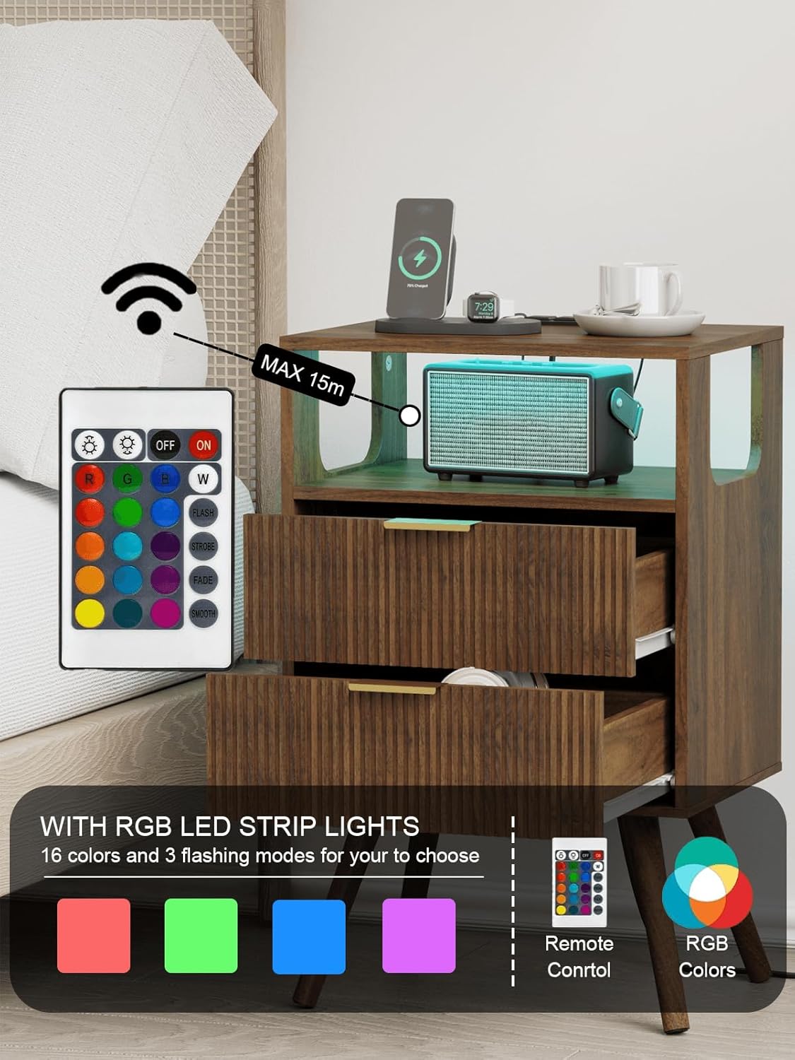 Nightstand with Charging Station and LED Lights, Modern Bedside Table with 2 Storage Drawer and Open Wood Shelf for Bedroom and Small Spaces, Night Stand with Solid Wood Legs - Image 4