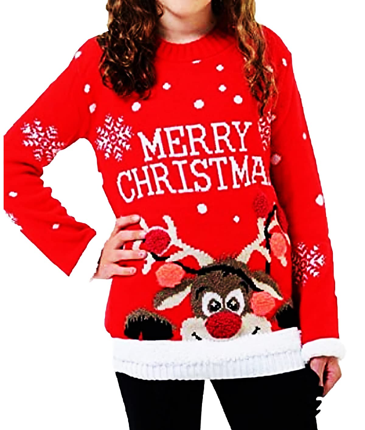 Gal Moda H22 Children Kids Unisex Ladies Christmas Top Retro Novelty Reindeer Snowflakes Knitted Xmas Long Sweater Jumper, Merry Christmas Red, 13 Years