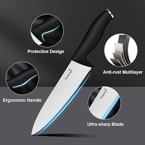 Miniatura 4 de Kuisine Juego de cuchillos de chef de cocina, juego de cuchillos afilados de acero inoxidable de alto carbono con afilador integrado, regalo