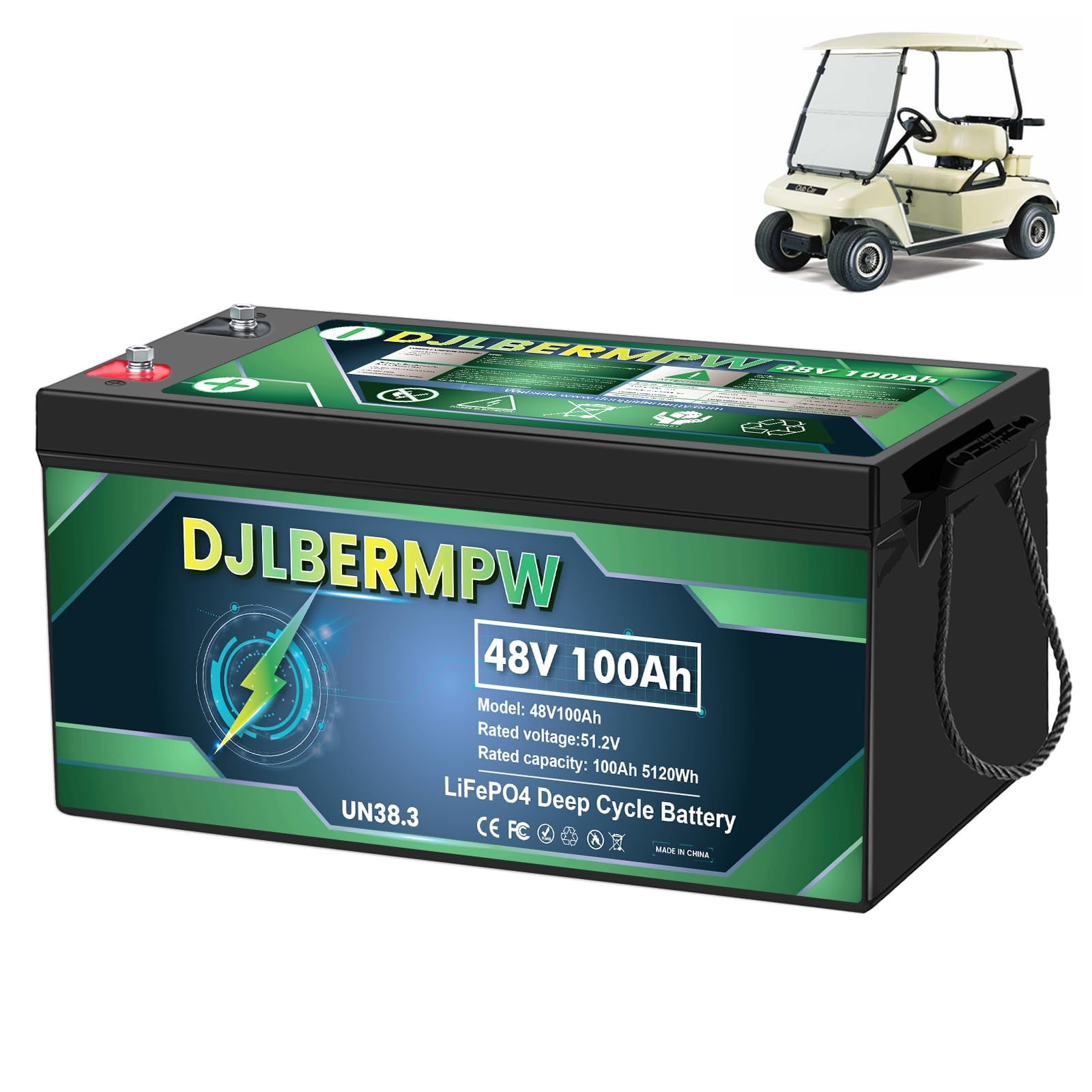48V 100Ah Lithium Battery Golf Cart,48 Volt Lithium Battery for Golf Cart,5120W Power Built-in BMS, Up to 15000 Deep Cycles, Grade A Cells,Peak Current 500A, Fit Club Car, RV,Solar,Off-Grid
