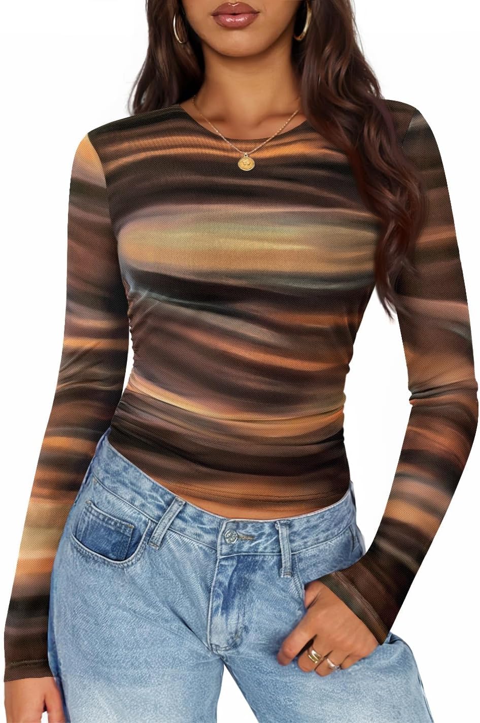 ZESICA Womens 2026 Spring Floral Mesh Going Out Tops Long Sleeve Crewneck Slim Fit Ruched Y2k Shirt Beach Vacation Outfit