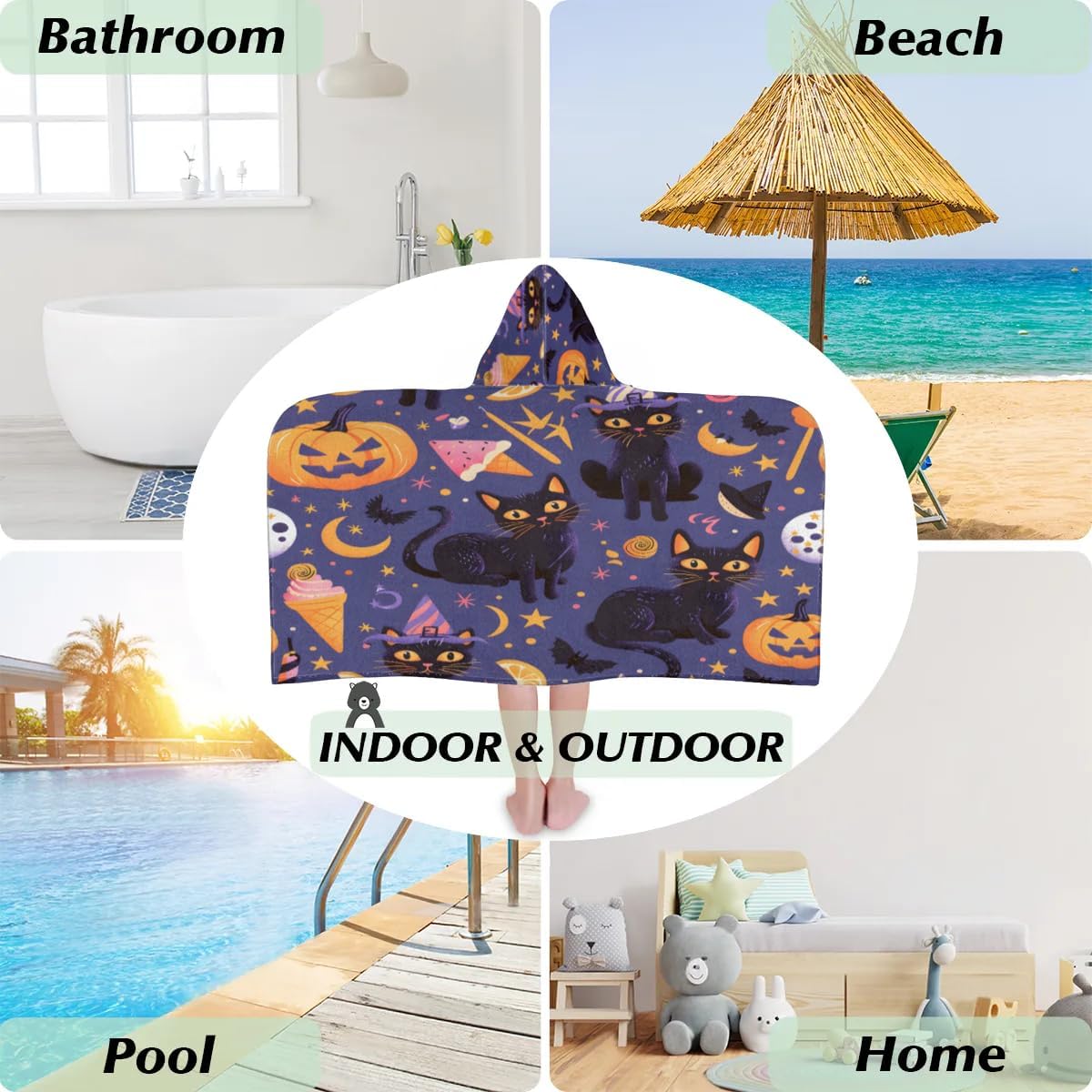 Pardick Kids Bath Towel Festivals Halloween Cat Beach Towel with Hood Pool Cover Up for Girls Boys Soft Absorbent Hooded Bath Towel Toddler Towels for Beach, Pool