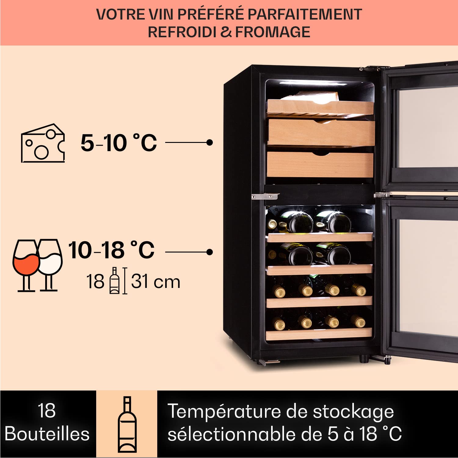 Klarstein Cave a Vin et Fromage, Réfrigérateur à Vin et Fromage, Porte en Verre, Cave à Vin Vieillissement, Prosecco, Ecran Tactile, Armoire a Vin, Contrôle Température, Protection UV, Caves à Vin 89L