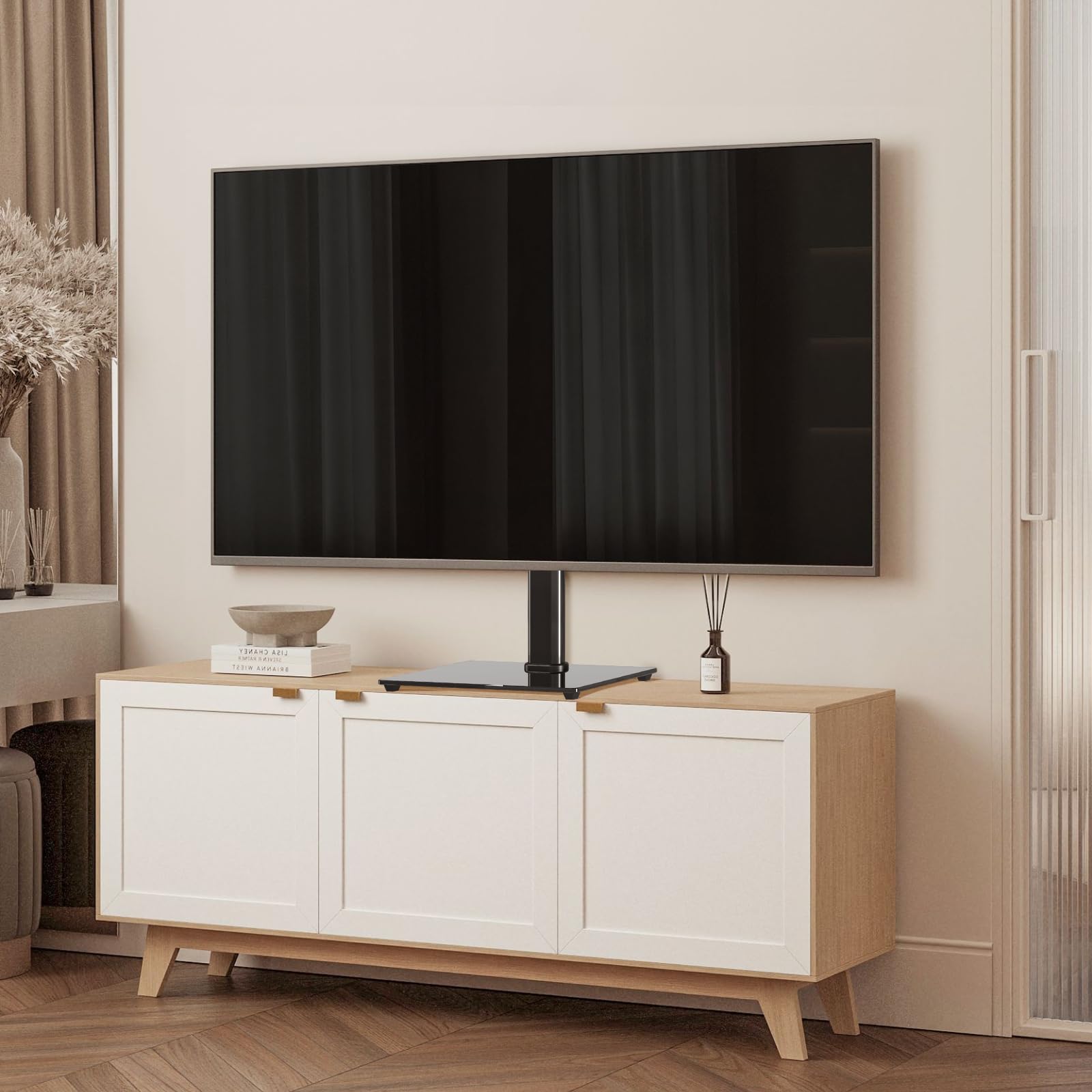 suptek Support TV sur Pied Pivotant sans Perçage Hauteur Réglable à Poser sur Meuble TV Table écrans 26 à 55 Pouces Charge 45 kg VESA 400x400 mm Locataires Petits Espaces TS202